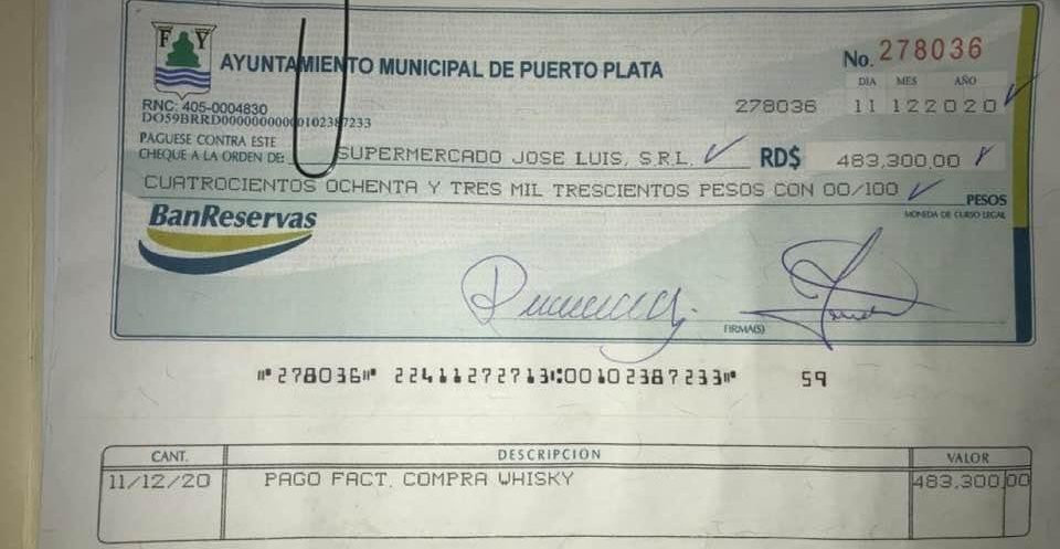cheque alcaldia Puerto Plata para whisky