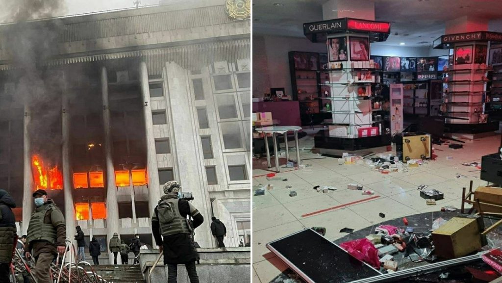 Kazajistan con la toma de aeropuertos incendios en la antigua sede presidencial y saqueos masivos
