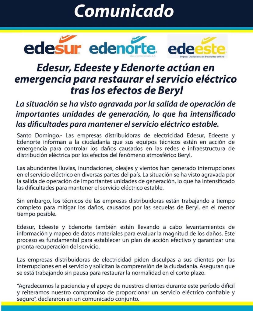 NDP Edesur Edeeste y Edenorte actuan en emergencia para restaurar el servicio electirco tras los efectos de Beryl