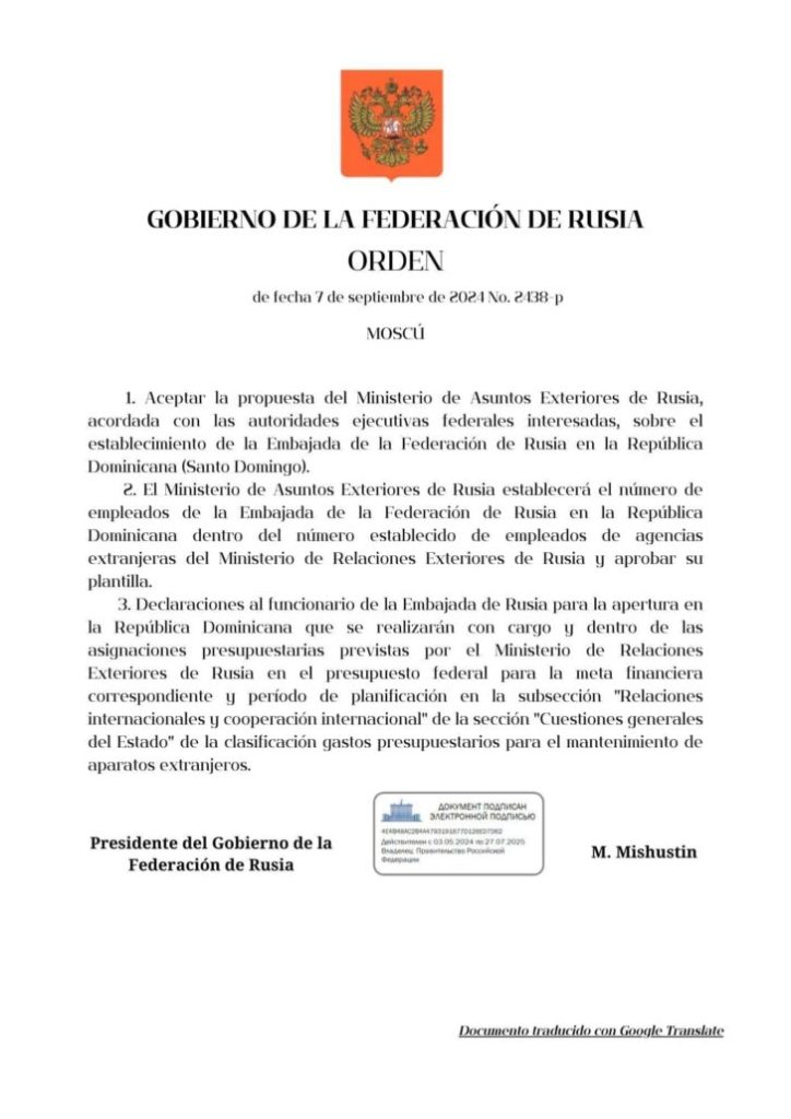 Rusia autoriza establecer una embajada en Republica Dominicana