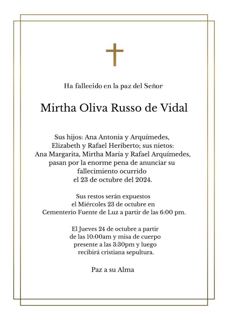 Fallece Mirtha Oliva Russo vda. Vidal, destacada por su fe y legado familiar Mirtha Oliva Russo vda. Vidal destacada por su fe y legado familiar