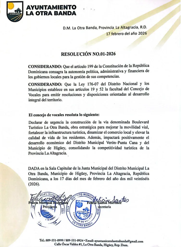 Declaran prioritaria la construcción del Boulevard Turístico de La Otra Banda como eje clave de desarrollo en La Altagracia Boulevard Turistico La Otra Banda mediante Resolucion