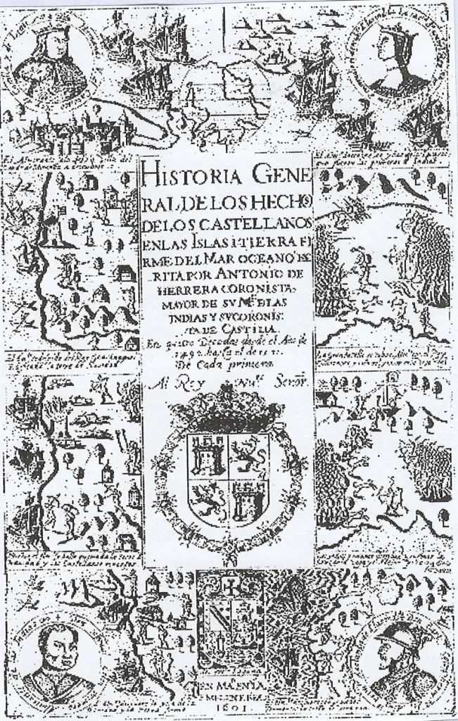 Portada libro de Herrera (1601, 1730) y grabados de autor desconocido.